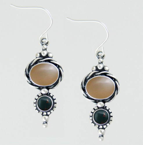 Sterling Silver Drop Dangle Earrings With Peach Moonstone And Bloodstone